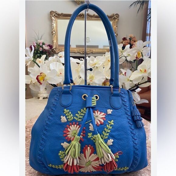 Isabella Fiore Handbags - Isabella Fiore Blue Leather Floral Embroidered Shoulder Bag